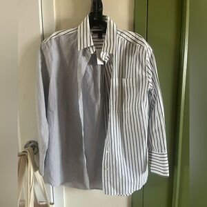 Banana Republic and White and navy striped shirt.
